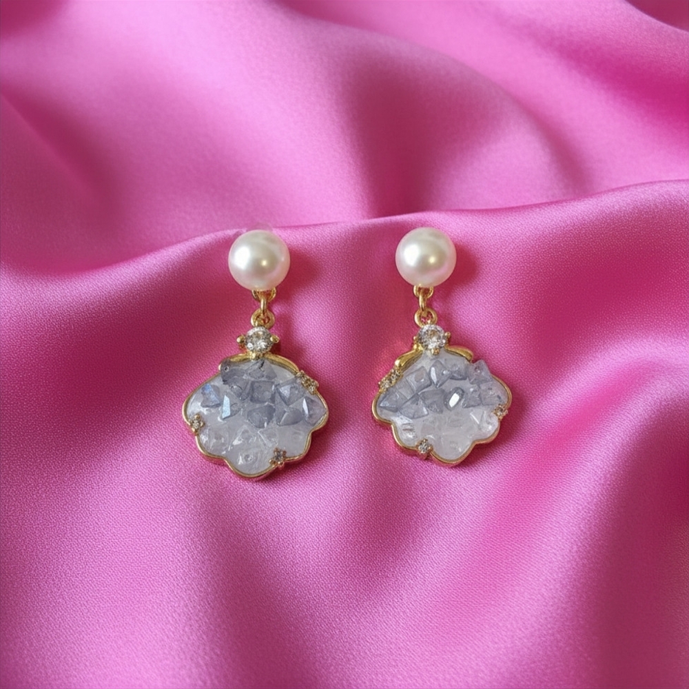 Freshwater‎ Pearl, S925 Needle Gold Drop Earrings with White Crystal